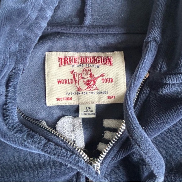 True Religion Womens Blue Velour Zip-Up Hoodie Small - Picture 3 of 4
